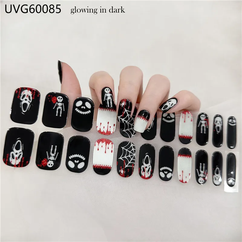 1 Sheet Gel Nail Strips Patch Sliders Adhesive Halloween Gel Nail Wraps Spider Pumpkin Gel Slider Decal Skull Head UV Lamp Need