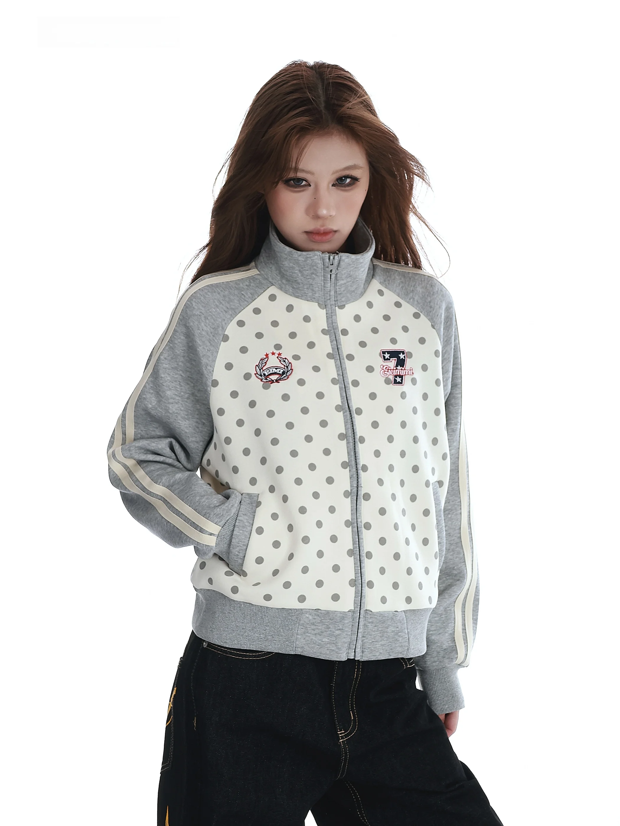 

VINMUK American College Sle Sportswear Loose Fit Stand Collar Women's Jaet Spring Trendy Brand Versatile ort Top