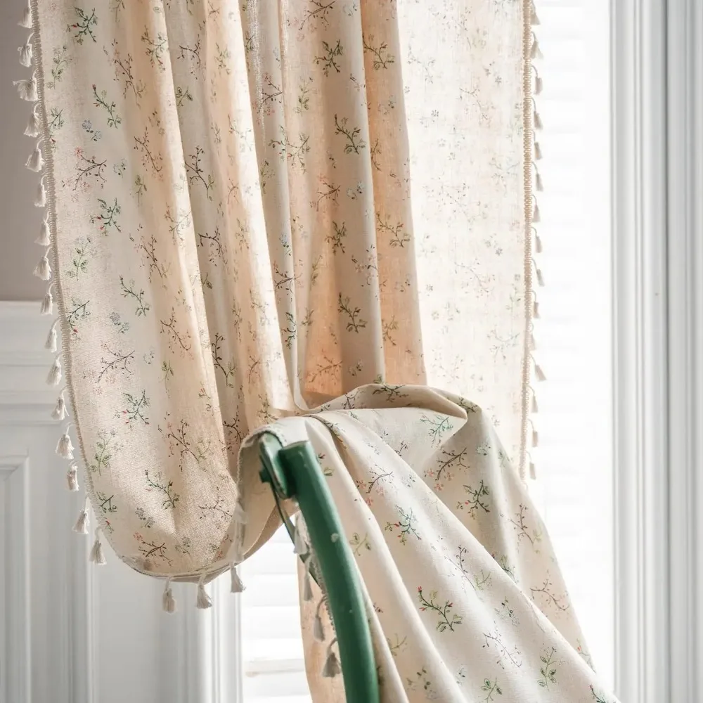 

Роскошные шторы с цветочным принтом, полузастегивающие оконные шторы с кисточками, хлопковые льняные шторы, панели для спальни, гостиной, 1 панель