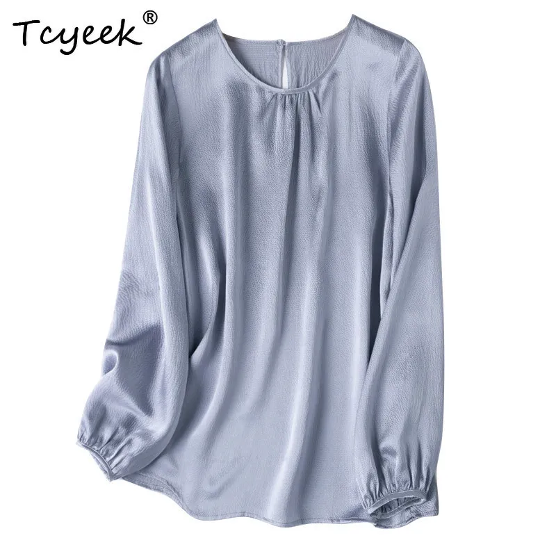 Tcyeek 19MM 100% Real Mulberry Silk Elegant T-Shirts for Women Clothes Spring Summer Womens Tops Loose Fit Top Футболка Женская