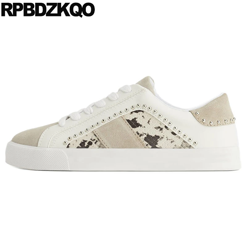 

Trainers Skate Shoes Snake Skin Sport Suede Big Size Python Leather Sneakers Athletic Rivet Patchwork Lace Up Women Flats Stud