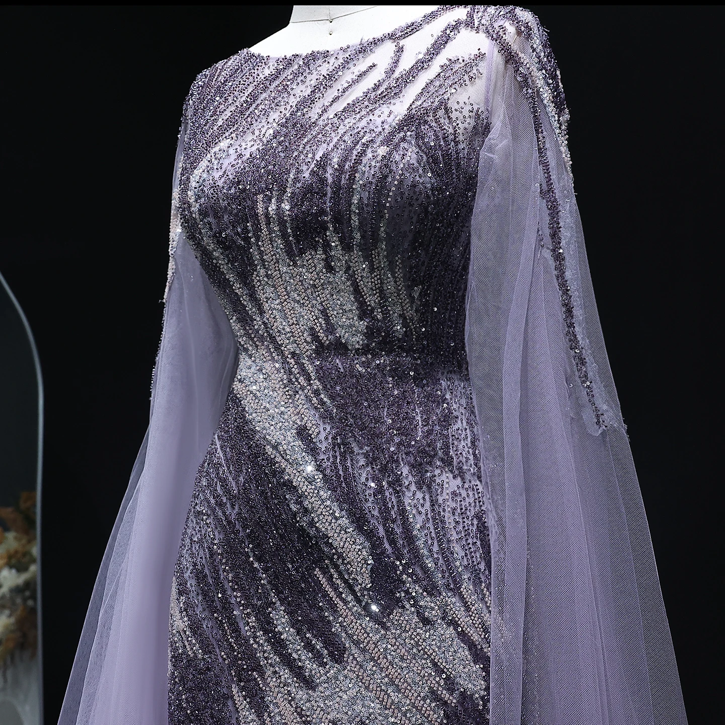 Sharon Said Dubai Women Elegant Purple Luxury Arabic Evening Dress with Cape Sleeves Wedding Party Gown SS051 Customized image 5