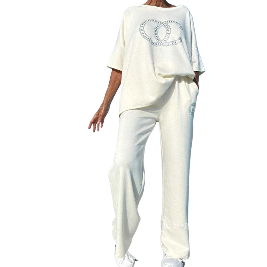 

Spring Autumn New Hot Diamonds Pants Sets Women O Neck Half Sleeve T Shirt Trousers Two Piece Set Casual Commuting Style Female