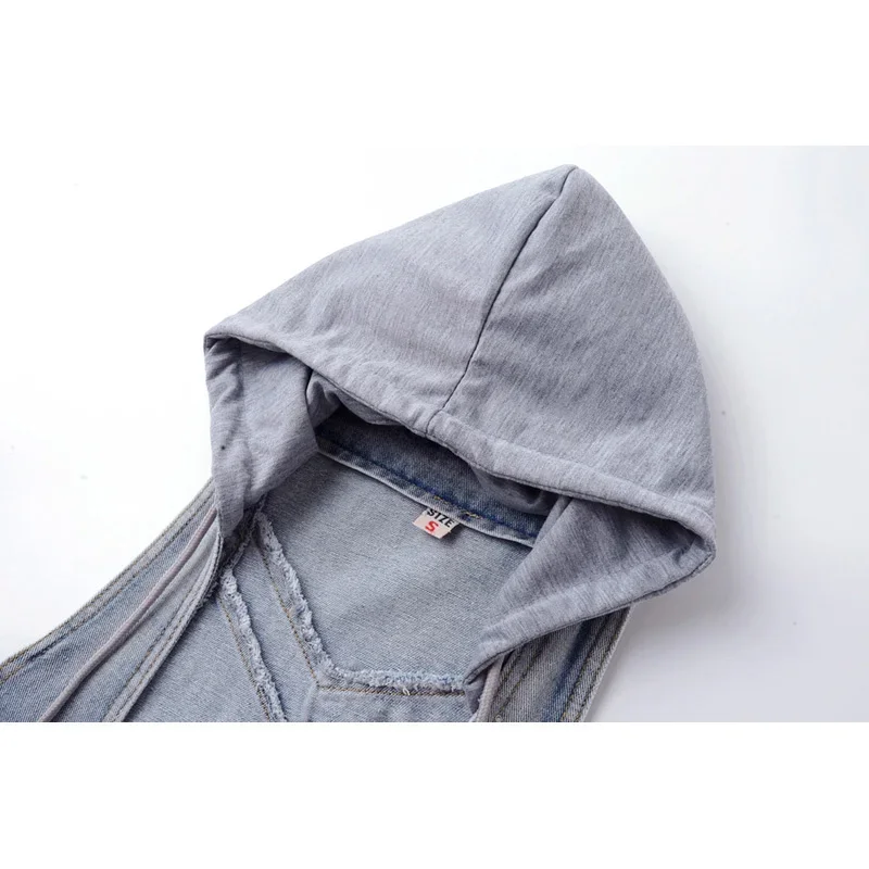 Frühling Dünne Kurze Abnehmbare Kapuze Denim Weste Frauen Große Tasche Weste Ärmellose Jacke Koreanische Waschen Blau Jeans Weste Weibliche