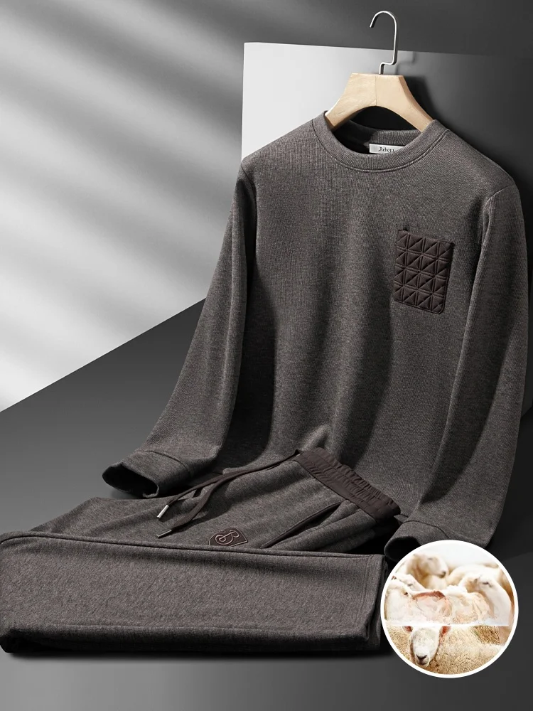 

Autumn Winter Thiened Warm Acetate Woolen Two-Piece Set Men's round Ne Sweatirt Casual Sportswear Ensemble