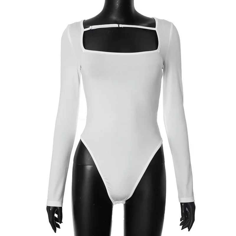 Apprabant Damen-Bodysuit, einfarbig, vielseitiger Stil, modisch, quadratischer Ausschnitt, niedrige Brust, schmal geschnitten, langärmelig, kurzer Overall