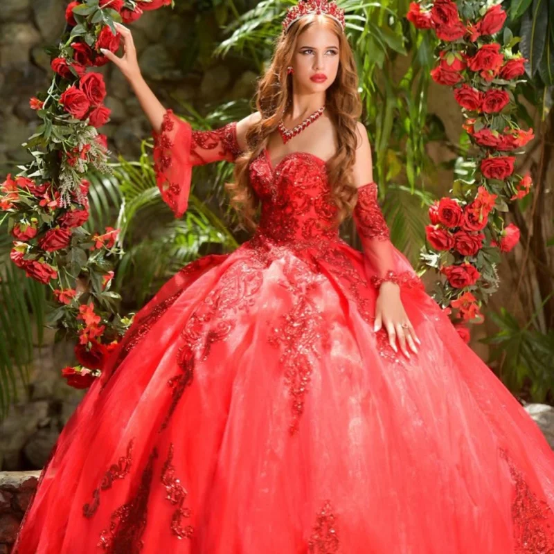 

Red Shoulder Quinceanera Dress Lace glitter decal Bow vestidos de 15 Quinceanera ﻿Beadwork Customized