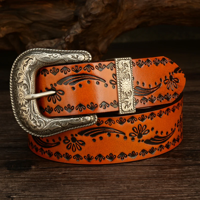 3.8CM Vintage Pin Buckle with Flower Grass Pattern Genuine Leather Belt for Men High Quality Work of Art Strap High Quality