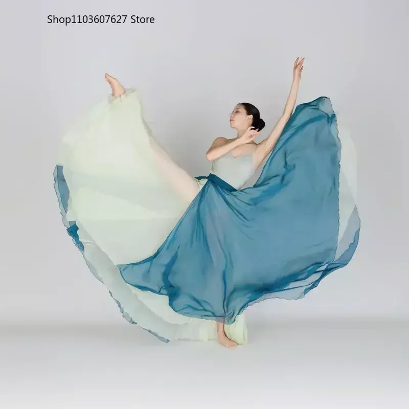 720 Degree Double Layers Artificial Silk Dancing Skirt with Large Swing for Classical Dance Practice and Performance