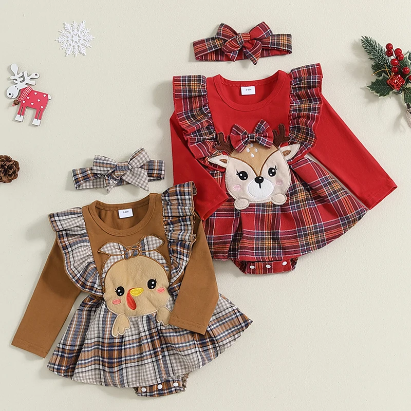 

2024 Christmas Newborn Baby Girls Rompers Deer Embroidery Plaid Print Long Sleeve Crew Neck Ruffles Jumpsuits Xmas Gifts Outfits