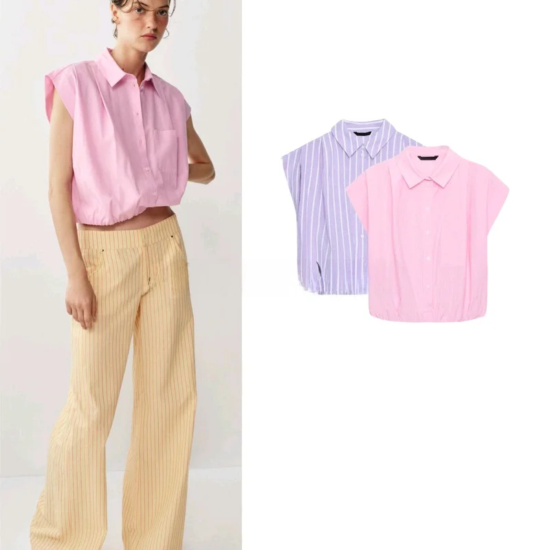 

Summer New Women's Short Sleeve Pleated Decorative Hem Striped Shirt Stand Collar Casual Style Polyester Fiber Loose Fit