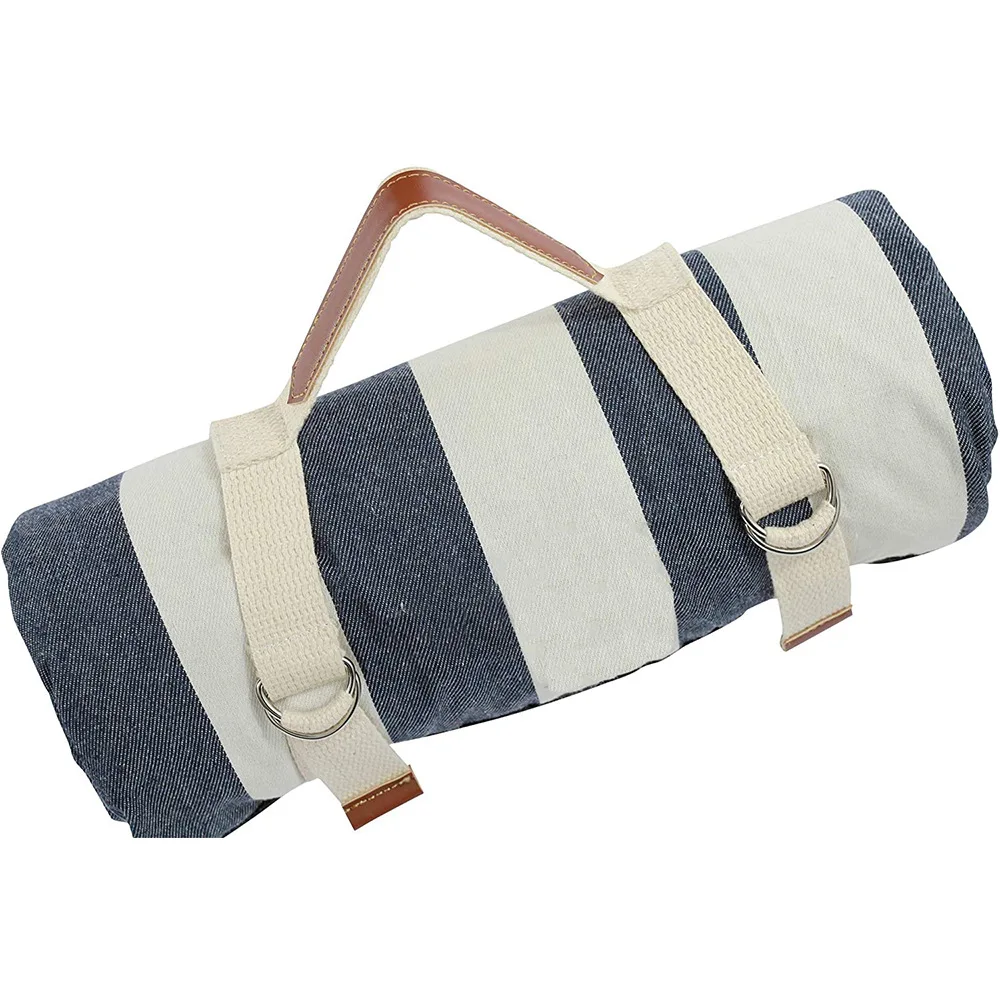 Blue-striped picnic blanket - Portable camping mat with handle - Large beach mat suitable for parks, grasslands, and hiking
