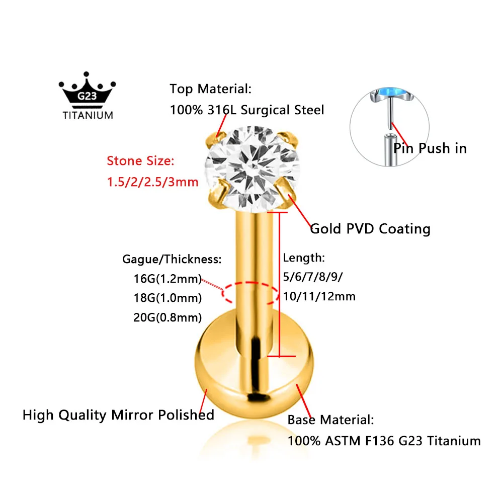 Titanium Round CZ Zircon Threadless Piercing Moon Pin
