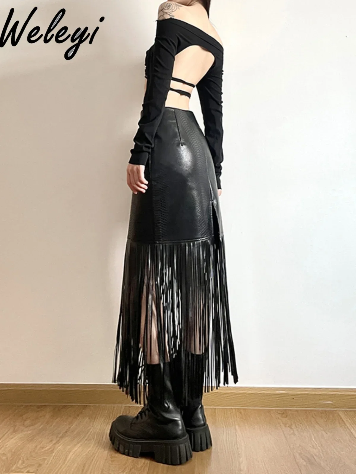 American Hot Girl Fringed Splicing Midi Leather Skirt 2024 Winter New Streetwear High Waist Slim Hip-wrapped PU Skirts Female