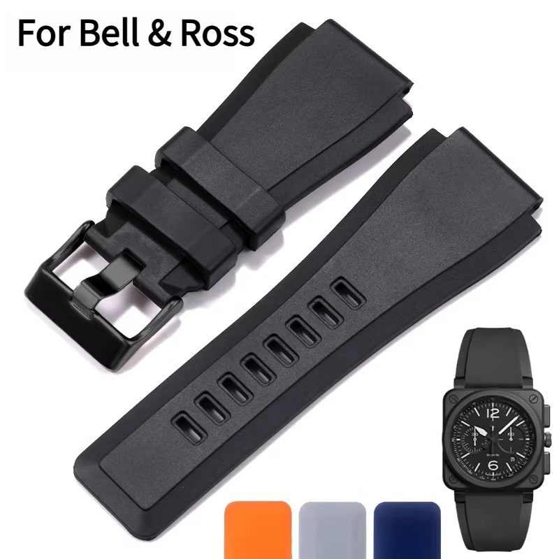 24mm Concave-edge silicone watch strap men For Bell & Ross INSTRUMENTS BR 01 RED RADAR BR 03 BR S STEEL black rubber watchband