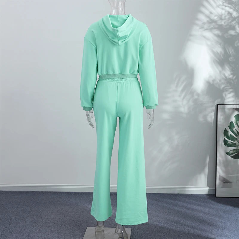 Damen Crop-Hoodie-Sweatset-Outfit, Langarm-Kapuzenpullover mit Kordelzug, Weitbeinige Jogginghose, Trainingsanzug, Lässige Streetwear – Detail 5