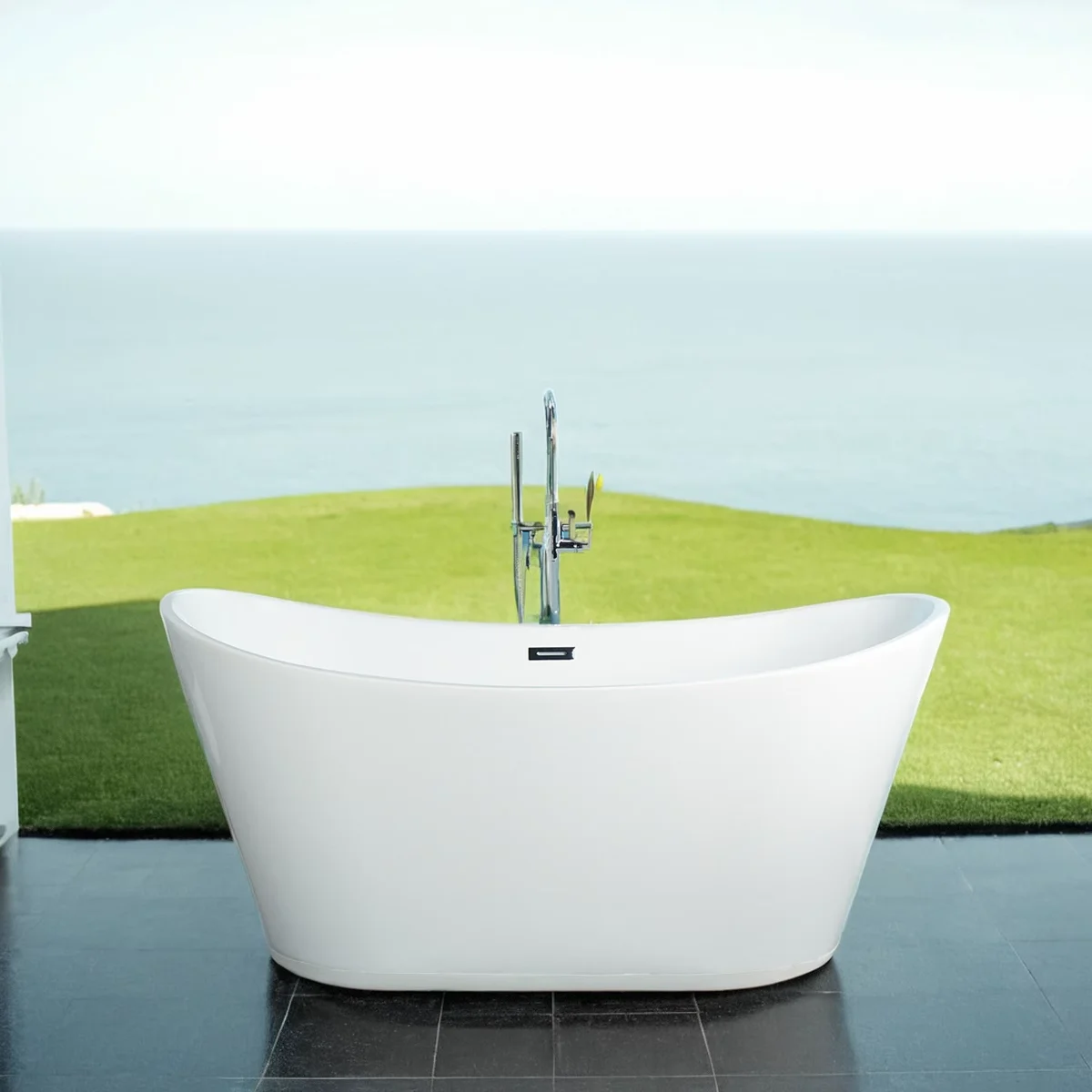 67'' Acrylic Freestanding White Soaking Bathtub With Classic Oval Shape, Chrome Drain, Slotted Overflow