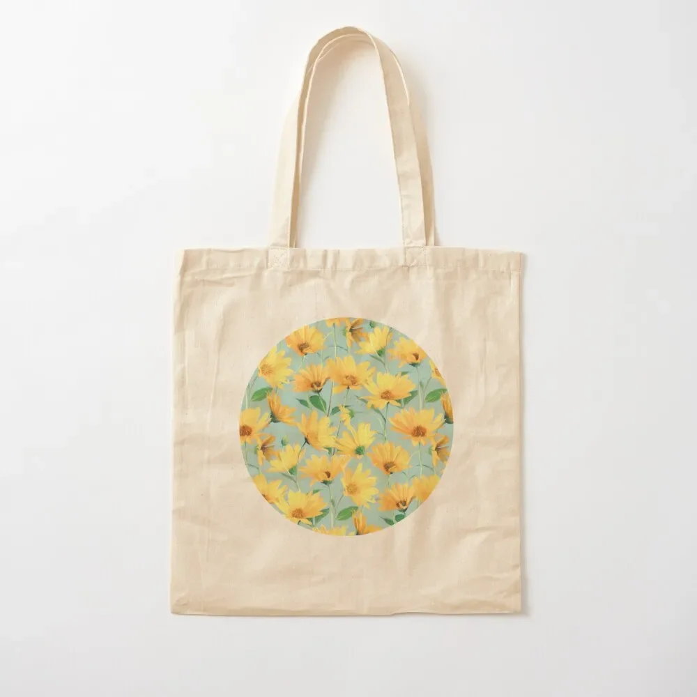 

Painted Golden Yellow Daisies on soft sage green Tote Bag large size bags Canvas shoulder bag Tote Bag