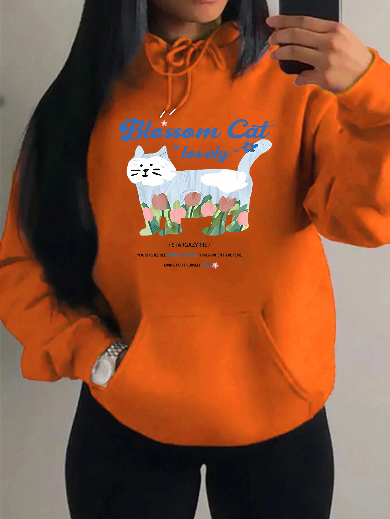 

Blossom Cat Lovely Flower Print Hoody Women Personality Pocket Hoodie Fashion Fleece Pullovers Hip Hop Warm Clothes Unisex