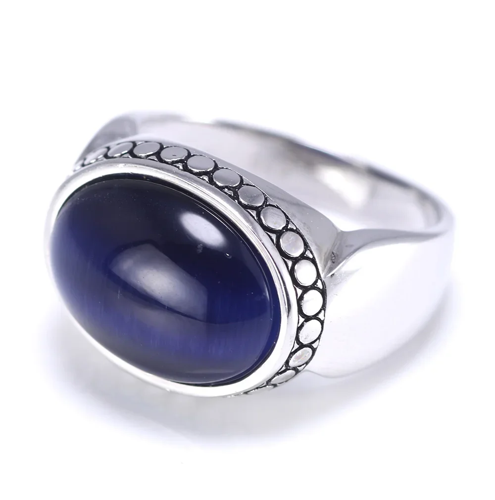 Real Pure 925 Silver Jewelry Blue Tiger Eyes Rings For Men And Women Oval Shape Natural Stone Simple Design Turkey Jewelry