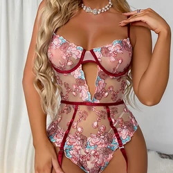 ECTOOKO Sexy Transparent Teddy Garter Bodysuits Oversized Curve Lingerie Skin Friendly Crotchless Jumpsuits Floral Underwear