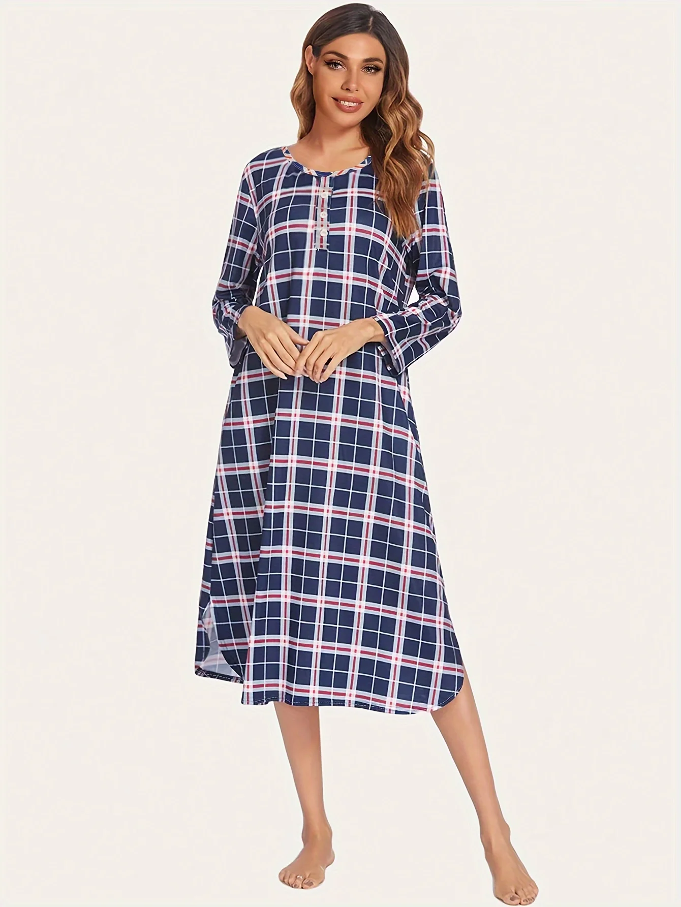 Nightdress women\'s mid-length plaid pajamas long dress home dress loose casual spring and winter long sleeves