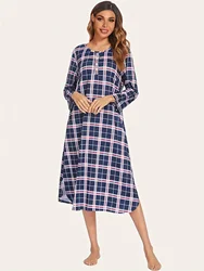 Nightdress women's mid-length plaid pajamas long dress home dress loose casual spring and winter long sleeves