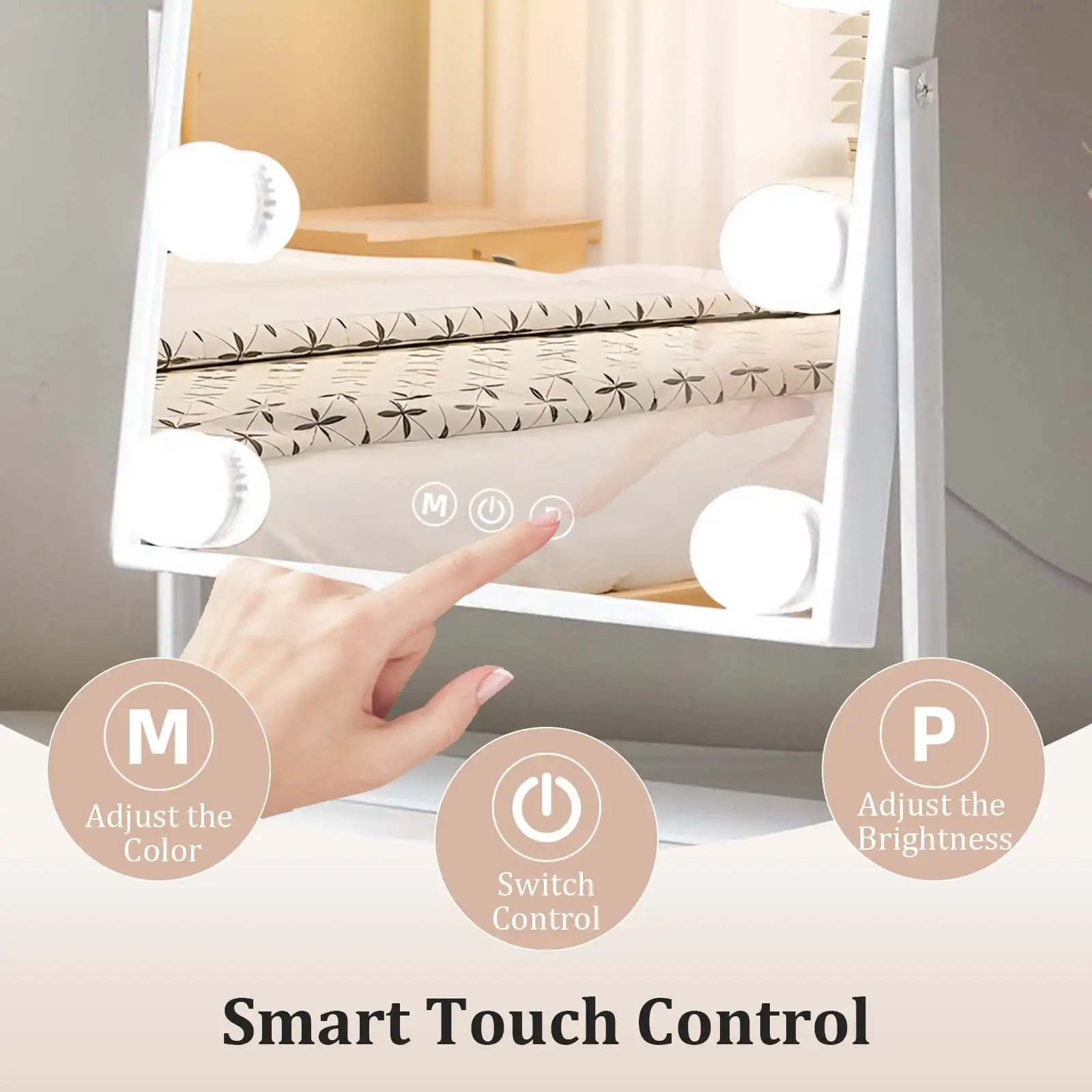 Espelho de vaidade iluminado com 9 lâmpadas LED, com lupa 10x removível, 3 modos de iluminação de cores, 360 °   giratório