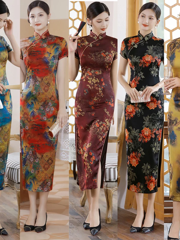 

Элегантное длинное платье в винтажном стиле, стройнящее, с эффектом омоложения, для повседневной носки, подходит для фотосессий, с низким разрезом, коротким рукавом и цветочным узором