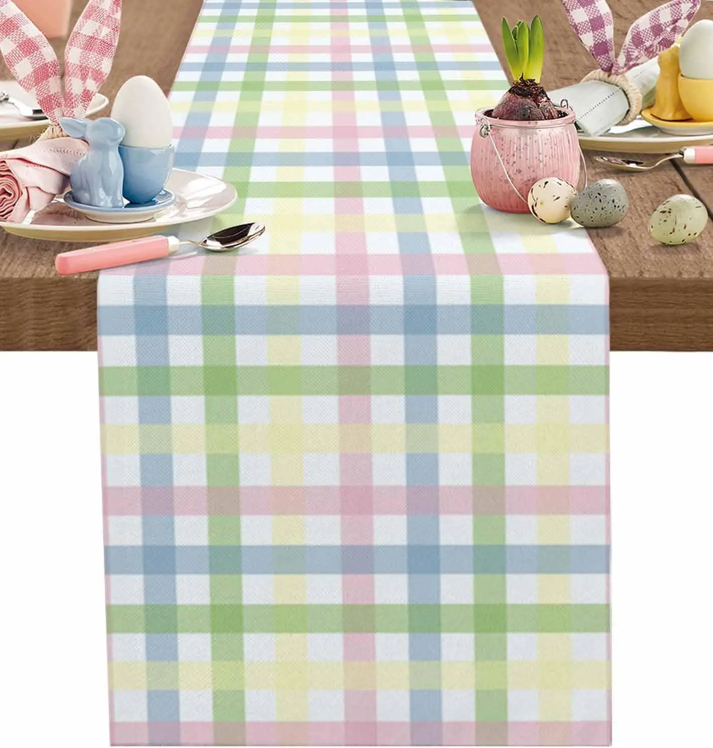 Easter Colorful Stripes Plaid Checkered Linen Table Runner Dresser Scarf Reusable Kitchen Dining Table Runner Easter Decorations