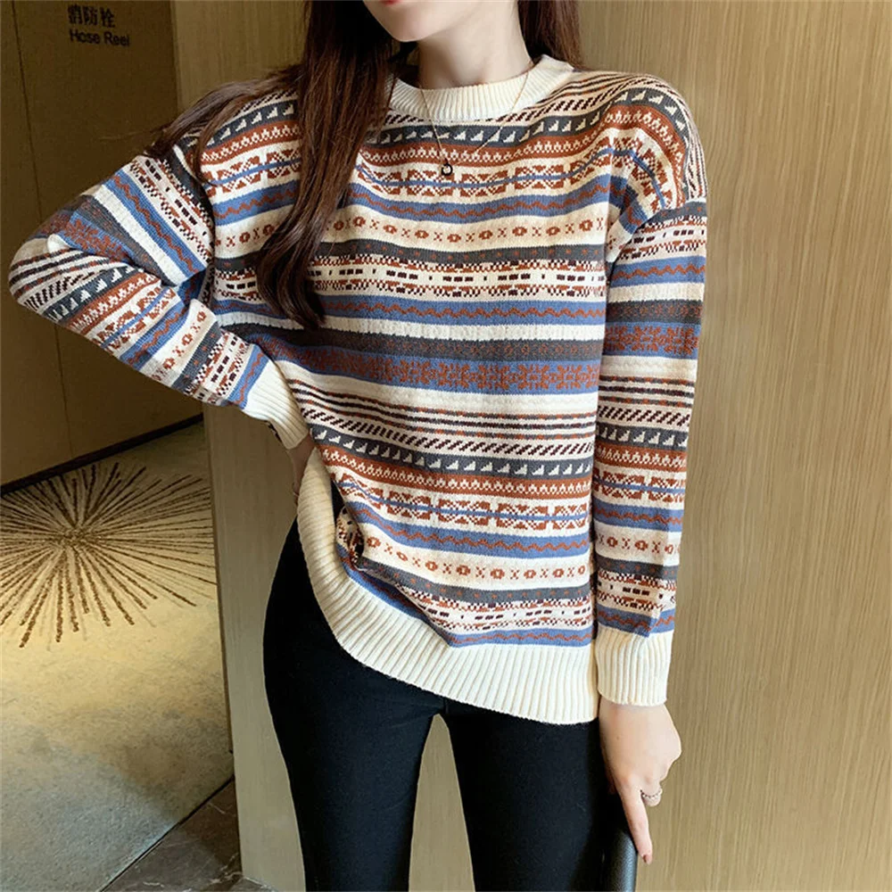 

Fashion Spring Fall Colored Stripes Round Neck Knitted Long Sleeve Sweater Jacket Women Bottoming Shirt Casual Clothing Sw44