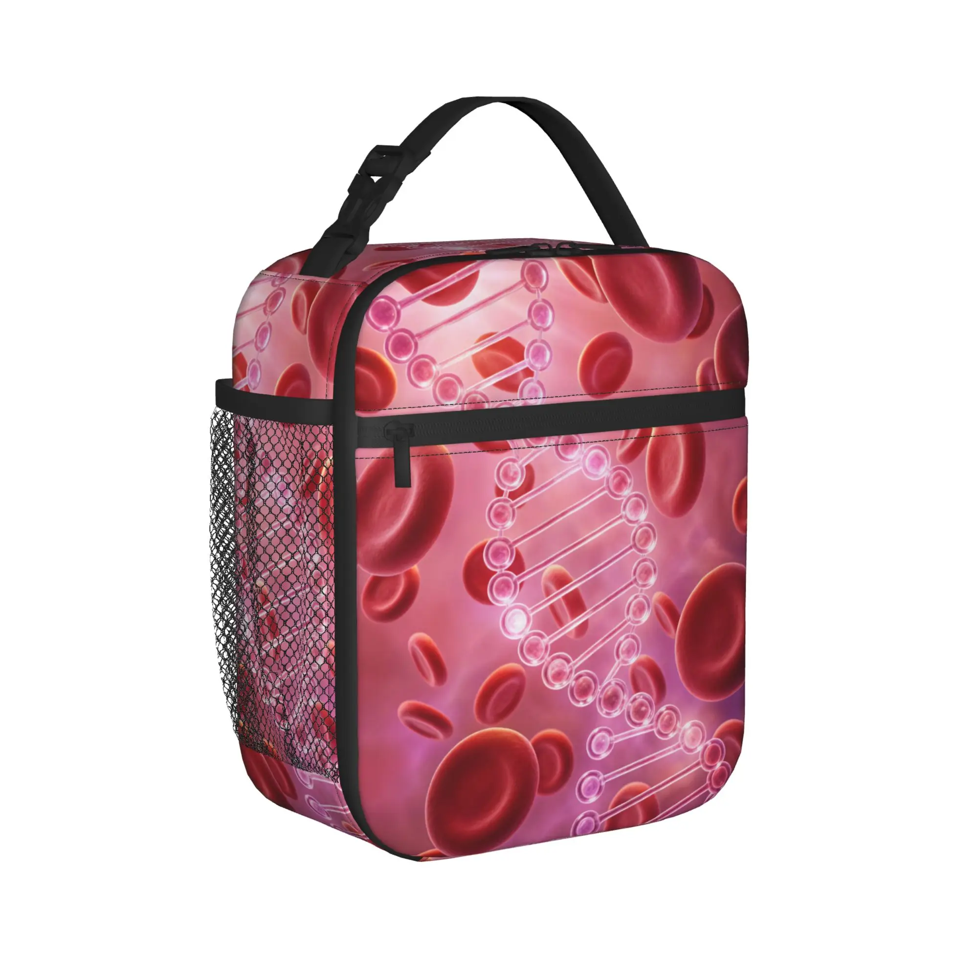 Pink Dna Strand With Red Blood Cells Science Lunch Bag For Women  Print Lunch Box Picnic Cooler Bag Oxford Thermal Lunch Bags