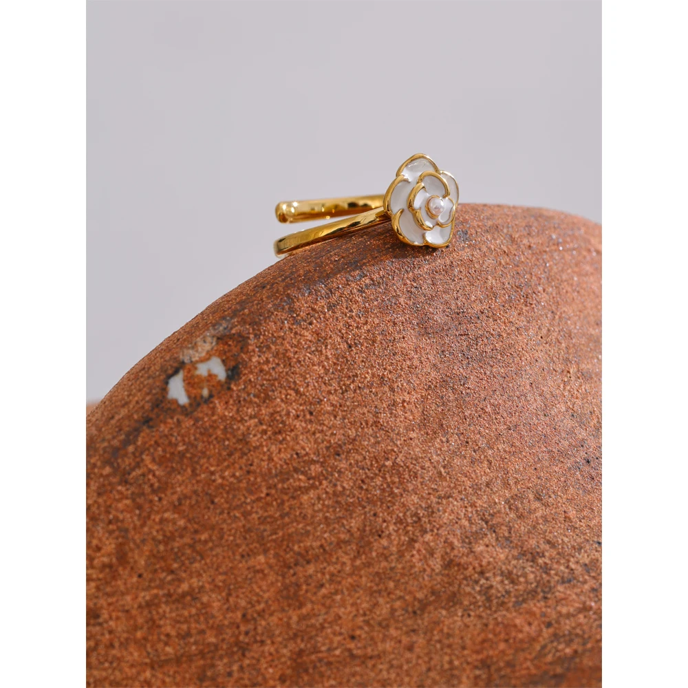 Yhpup Trendy Style Pearl Enamel Flower Adjustable Ring for Women Stainless Steel Gold Color Charm Jewelry Wholesale Gift