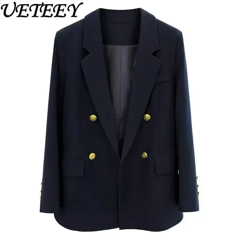 Ladies Autumn 2023 New Navy Blue High-End Casual Long Sleeve Suit Coat Women\'s Simple Commute All-Match Formal Suit Blazer