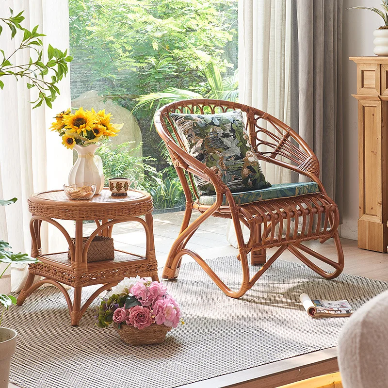 Medieval plant rattan chair three-piece set, balcony elderly rattan chair