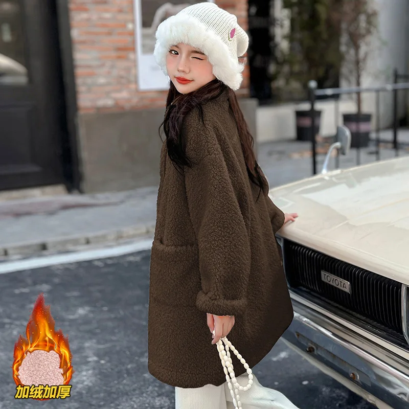 Girls Coat Autumn and Winter Coats 2024 New Fashion Fashion Medium Long Thick Plush Coat Korean Simple Style Fashion Clothes