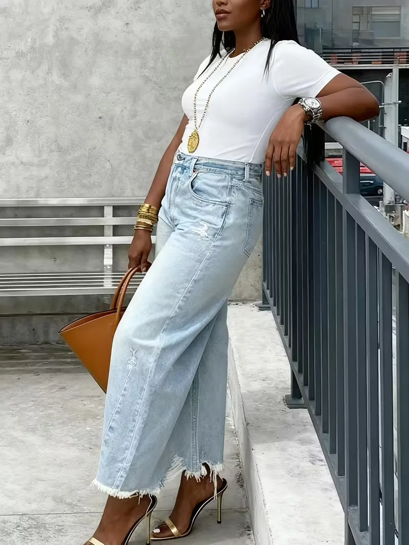 Damskie jeansy o wysokim stanie, o kroju w kształcie podkowy, luźne, z modnym surowym wykończeniem i bez elastycznego materiału. |   Modna kieszeń z surowym wykończeniem