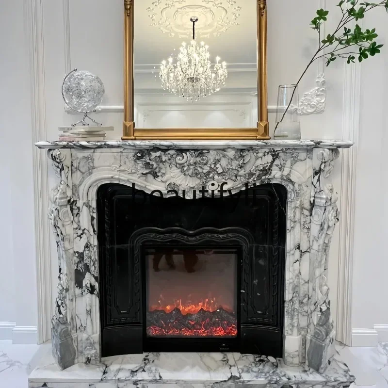 G Marble natural white flower French carved fireplace living room light luxury ornament customization