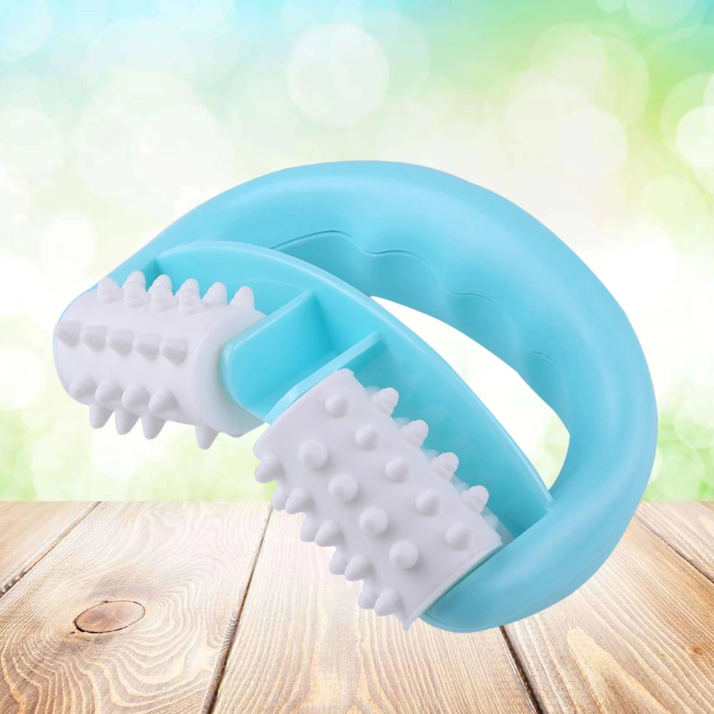 

Blue Plastic Body Massager 2 Wheels Round Handle Ergonomic Muscle Relief Back Shoulder Legs Massage Tool Cellulite Roller Manual