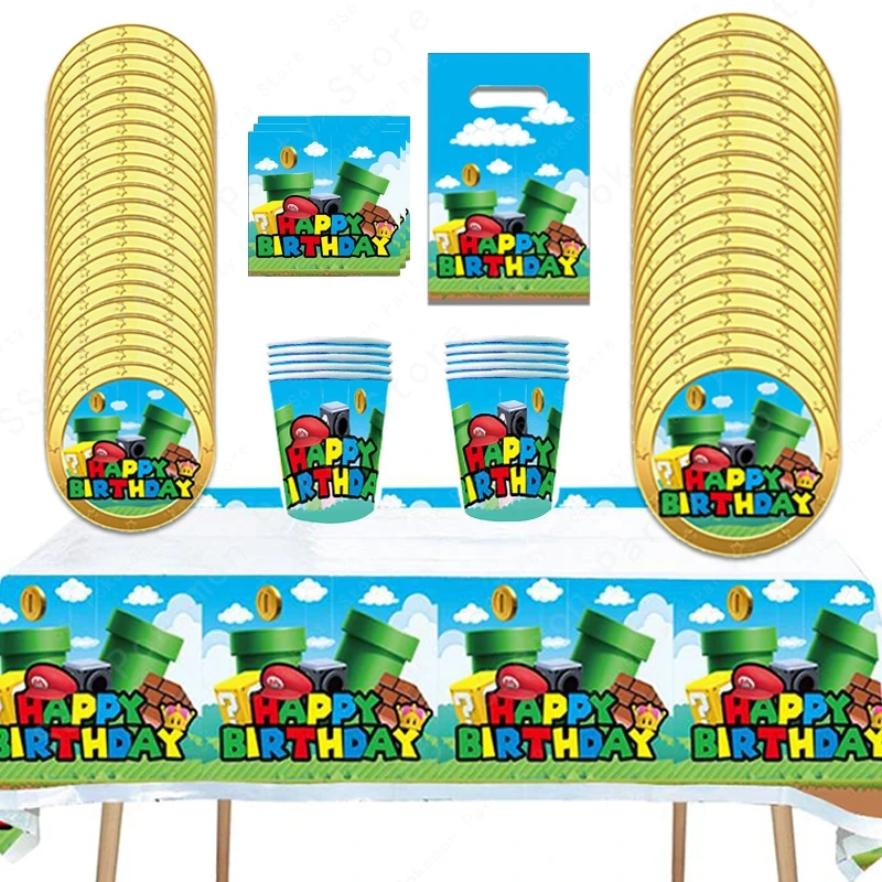 Super Mario Bros Birthday Decoration Party Supplies Disposable Tableware Tablecloth Baby Shower Paper Cup Plate Napkin Bag Kit