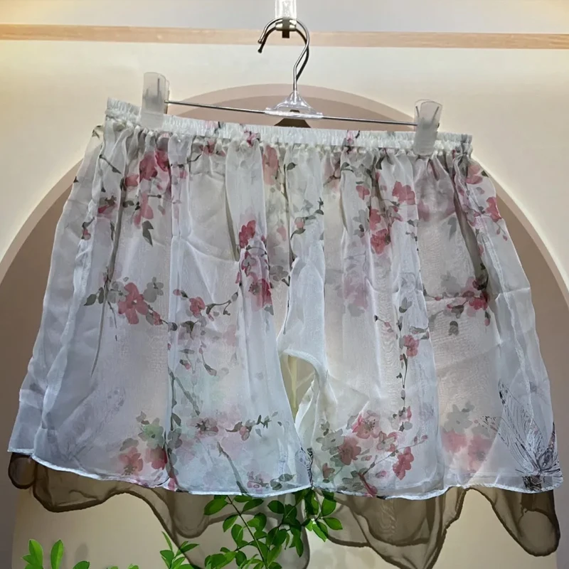Men's Erotic Transparent Tulle Glossy Floral Print Shorts COS Women Silky Touch Home Ultra Thin Plus Size Loose Sleeping Bottoms