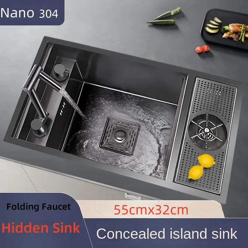 55cmx32cm 304 Nano Stainless Steel Hidden Sink Folding Faucet with Large Single Slot and Cover Plate Bar Counter Cup Washer