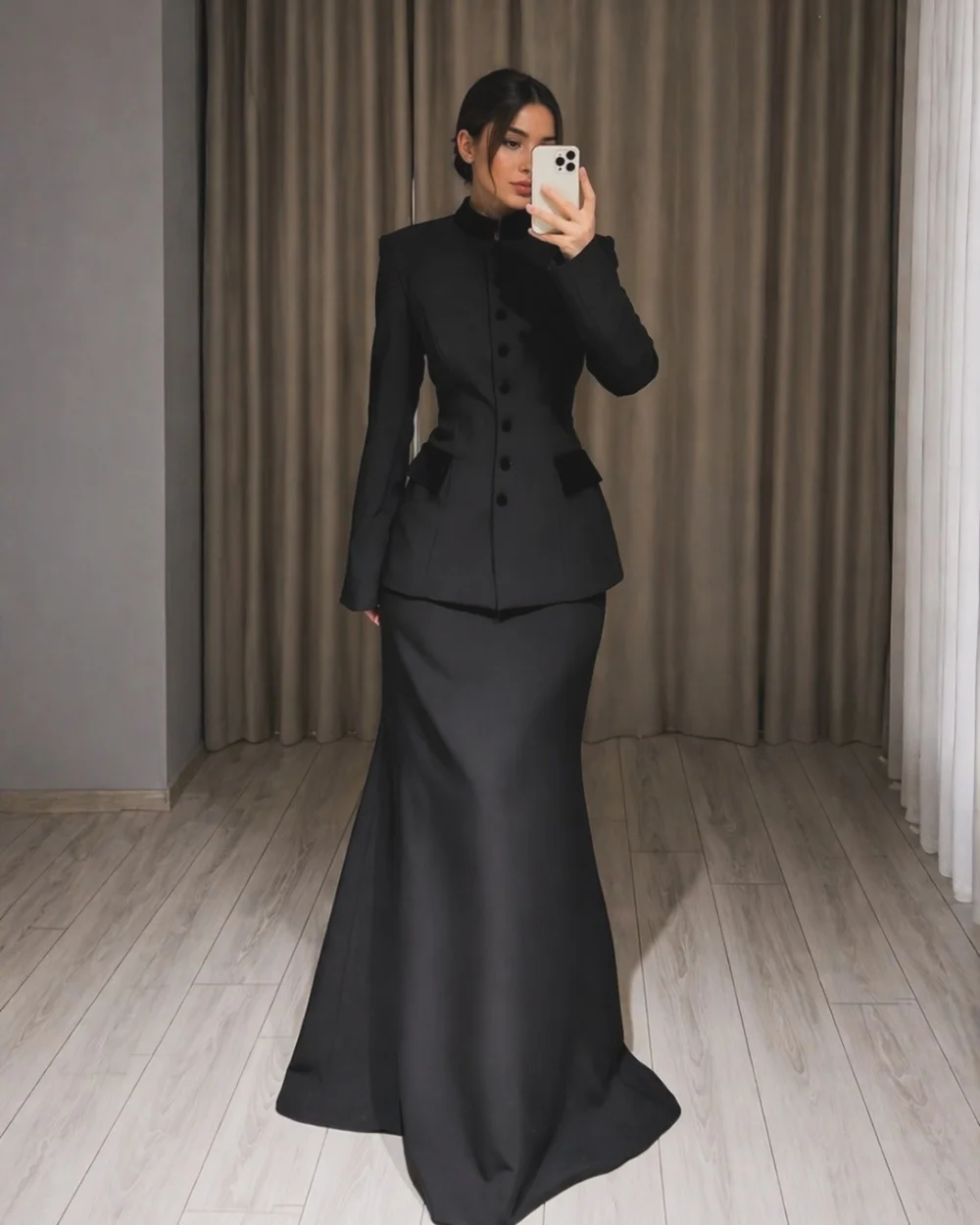 

Customized Simple Sizes Available Black Jersey Pleat Button Pocket Mermaid High Collar Floor-Length Evening Dresses for Woman