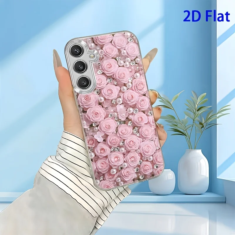 Pearl pink rose pattern transparent phone case suitable for Samsung Galaxy S26 S25 S24 S23 S22 S21 S20 FE/Ultra/Plus anti drop