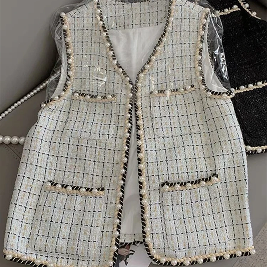 Chaleco con hebilla de perla elegante para mujer, chaqueta sin mangas de mezcla de lana, Chaleco de lana coreano, Chaleco a cuadros de Tweed