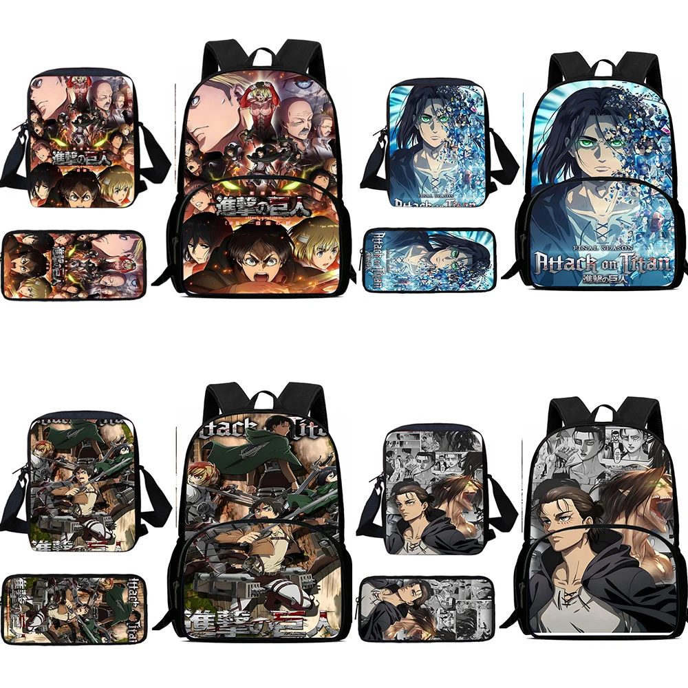 Attack on Titan Child Mochilas, Bolsa de Ombro, Estojo de Lápis, Sacos Escolares do Aluno, Grande Capacidade, Meninos e Meninas, Melhor Presente, Bonito, Conjunto 3Pcs