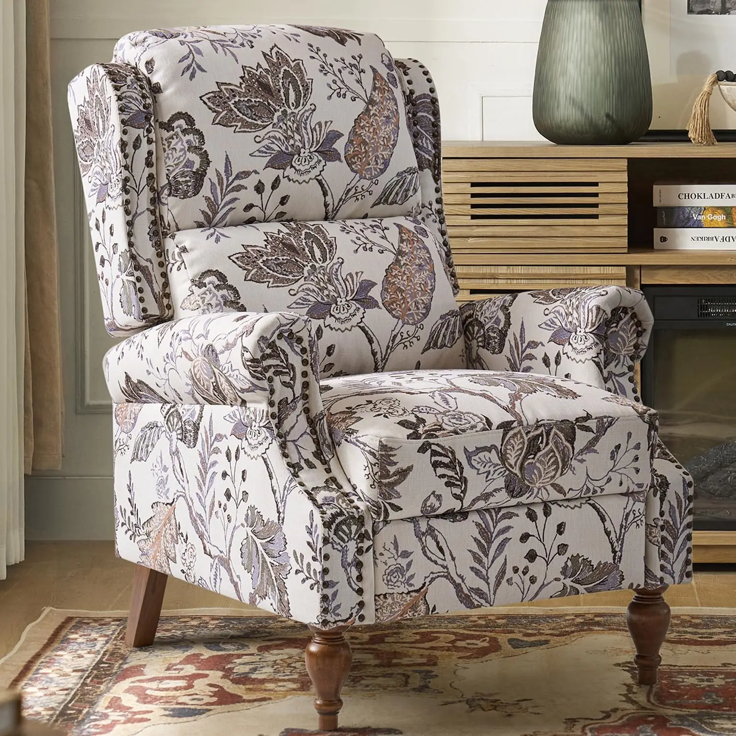 Pushback Recliner Chair, Upholstered Floral Fabric Wingback Chair, Single Sofa Accent Chair With Wood Legs And Rivet Decoration