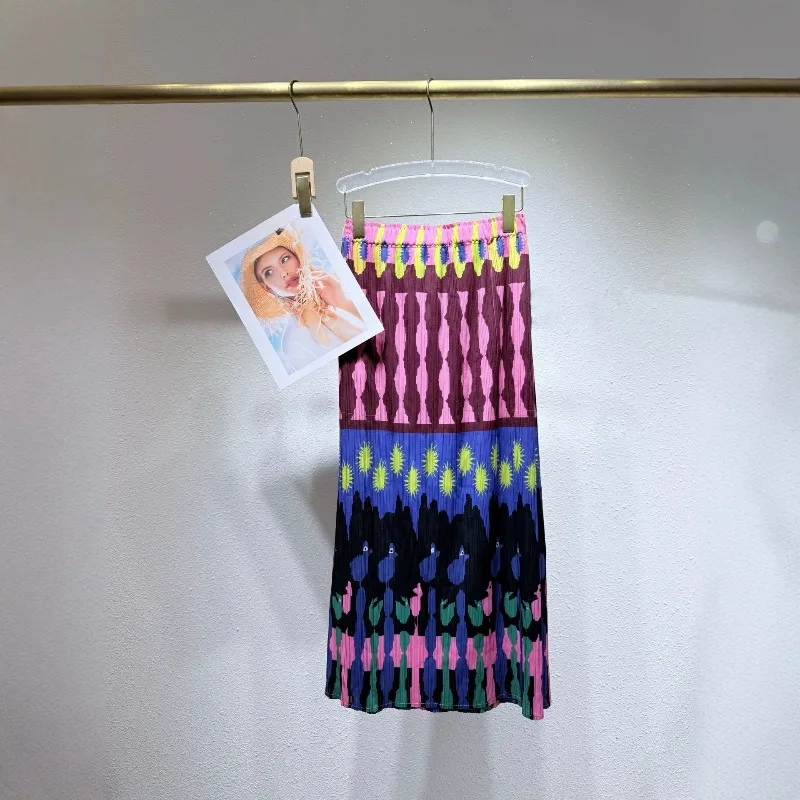 

2026 Summer New Pleated Skirt Plisse Side Slits Digital Print Pleats Jupe Casual Elegant Versatile A-line Skirt Women Clothing