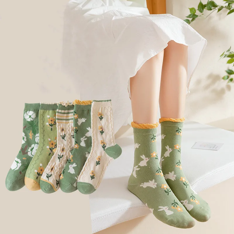 

New Green Women Socks Japan Sweet Girls Lacework Frilly Socks Cartoon Harajuku Crew Socks Women Korean Fashion Flower Embroidery