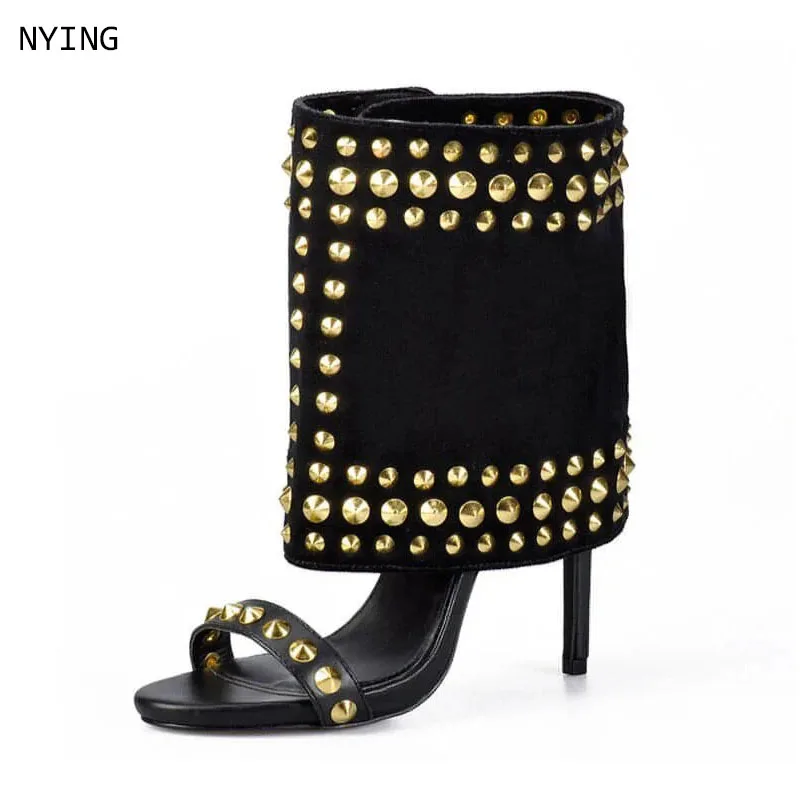 

Fashion Peep toe Rivet Strap Buckle Clip toe Women Mid-calf Boots Spring Summer Thick High heels Soft Leather Punk Boots Shoe 44